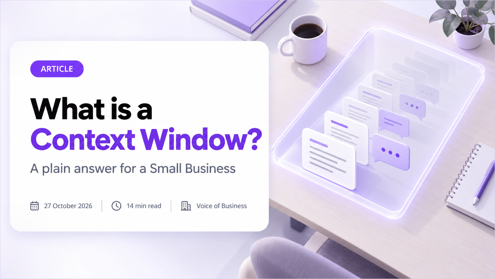 Cover for the article What is a Context window? A glowing glass tray on a desk holds a stack of document cards and chat bubbles that fade out towards the back, beside a coffee cup, a notebook and a plant. The headline sits on a white card with the subtitle A plain answer for a Small Business, and a line reading 27 October 2026, 14 min read, Voice of Business.