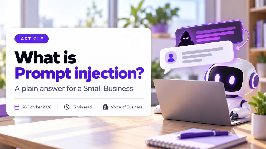 Cover for the article What is Prompt injection? A small white assistant robot with glowing purple eyes sits at a laptop on a sunlit desk. A chat bubble from a user sits in front of a darker purple message bubble holding a hooded figure, with a curved arrow pointing into it, showing a hidden instruction slipping in. The headline sits on a white card with the subtitle A plain answer for a Small Business, and a line reading 28 October 2026, 15 min read, Voice of Business.