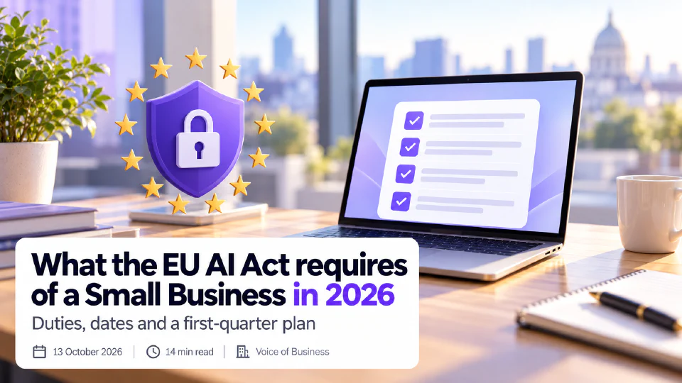 Cover for the article What the EU AI Act requires of a Small Business in 2026. A laptop on a sunlit office desk shows a checklist with four ticked rows, with a purple shield and padlock ringed by twelve gold stars beside it, a plant, a mug and a notebook with a pen nearby, and a city skyline through the window. The headline sits on a white card with the subtitle Duties, dates and a first-quarter plan, and a line reading 13 October 2026, 14 min read, Voice of Business.