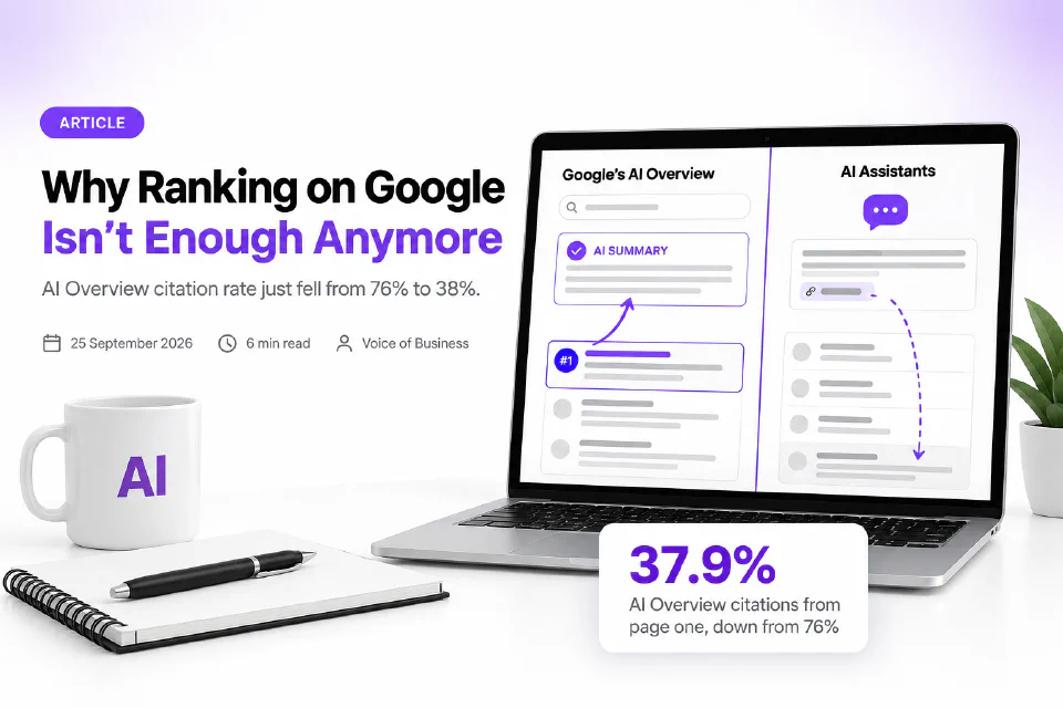 A search results page with a top-ranked page linked to an AI Overview summary above it by a solid arrow, next to an AI chat assistant whose citation links by a broken arrow to a source sitting much lower in the results, illustrating the gap between ranking and being cited