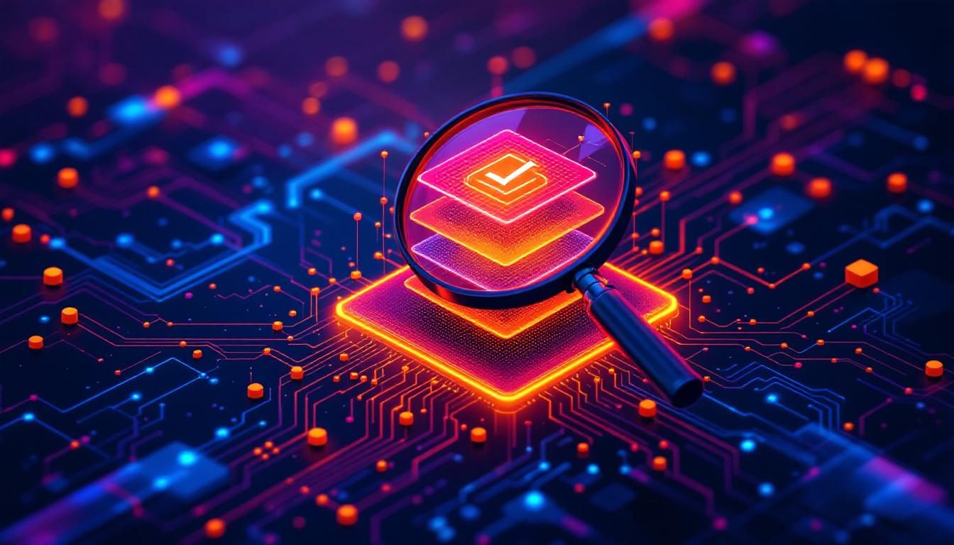 A magnifying glass held over glowing stacked layers on a circuit board