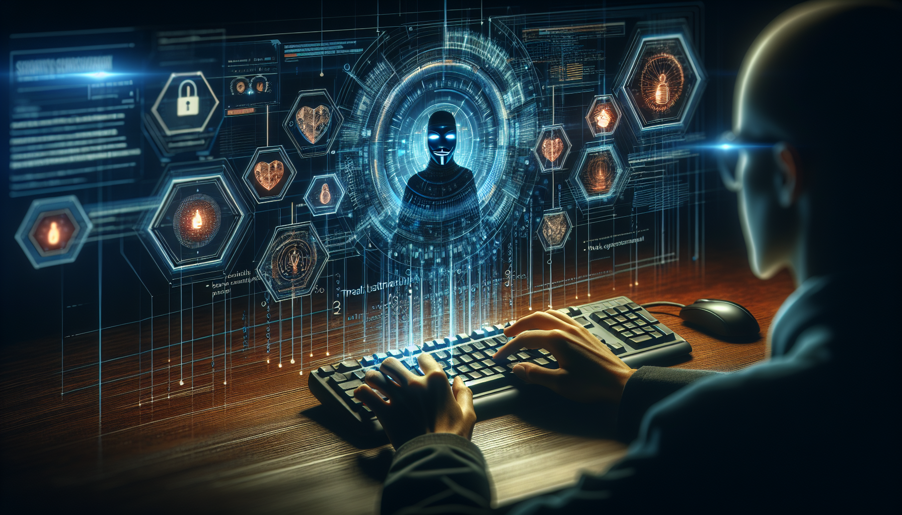 A person at a keyboard facing a wall of security panels, padlock icons and a hooded masked figure rendered in blue light