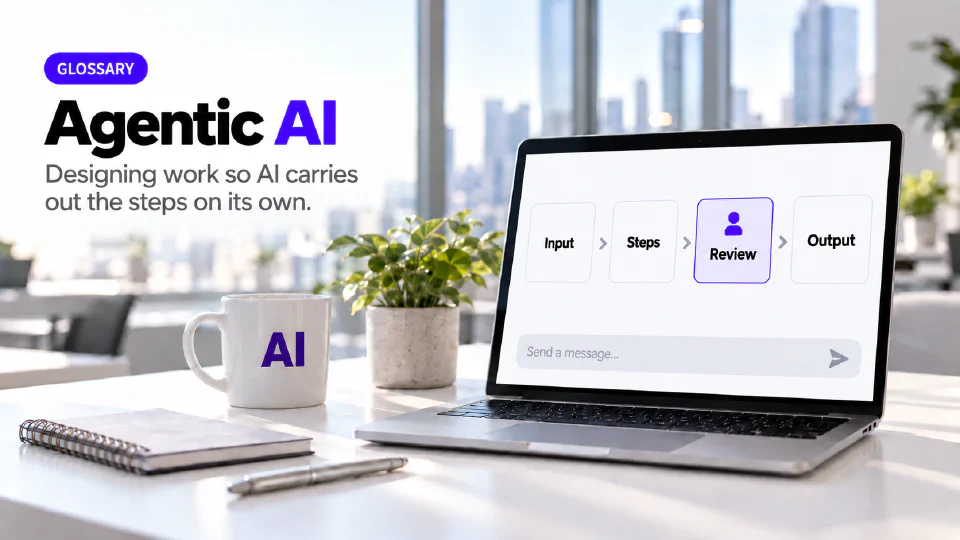 A laptop on an office desk showing a workflow of four boxes joined by arrows, Input, Steps, Review and Output, with Review highlighted in violet above a small person icon, beside a mug printed with AI, a notebook and a pen, under a GLOSSARY badge and the two-tone heading Agentic AI