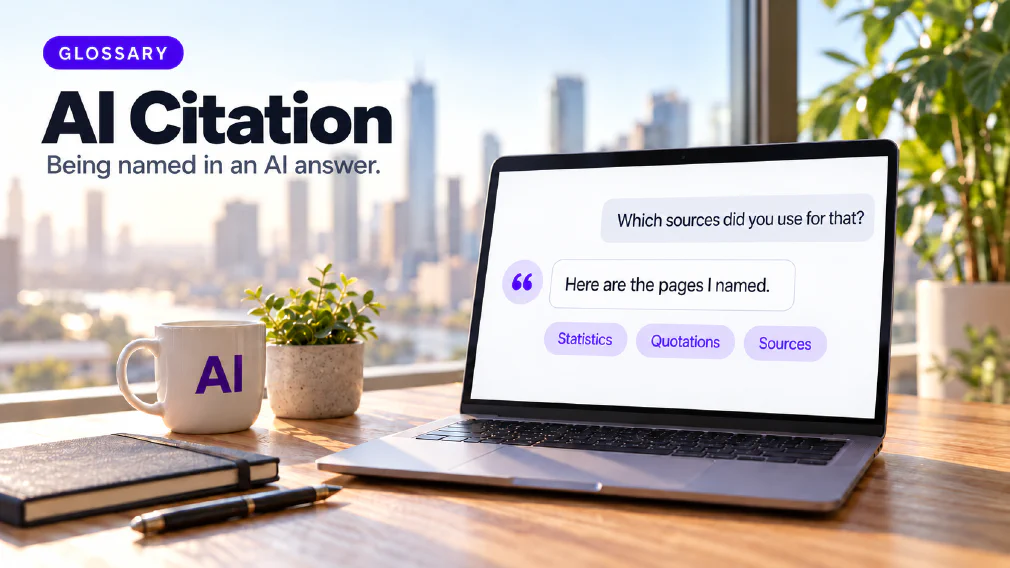 A laptop on a sunlit wooden office desk showing a chat interface where the request "Which sources did you use for that?" is answered with "Here are the pages I named." beside a violet quotation mark icon and three violet chips reading Statistics, Quotations and Sources, next to a mug printed with AI, a plant, a notebook and a pen, under a GLOSSARY badge, the heading AI Citation and the subtitle Being named in an AI answer.