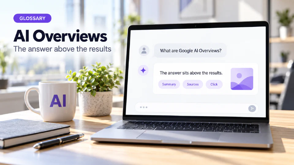 A laptop on a sunlit office desk showing a chat interface where the request "What are Google AI Overviews?" is answered with "The answer sits above the results." above three violet chips reading Summary, Sources and Click beside a small abstract violet thumbnail, next to a mug printed with AI, a plant, a notebook and a pen, under a GLOSSARY badge, the heading AI Overviews and the subtitle The answer above the results.