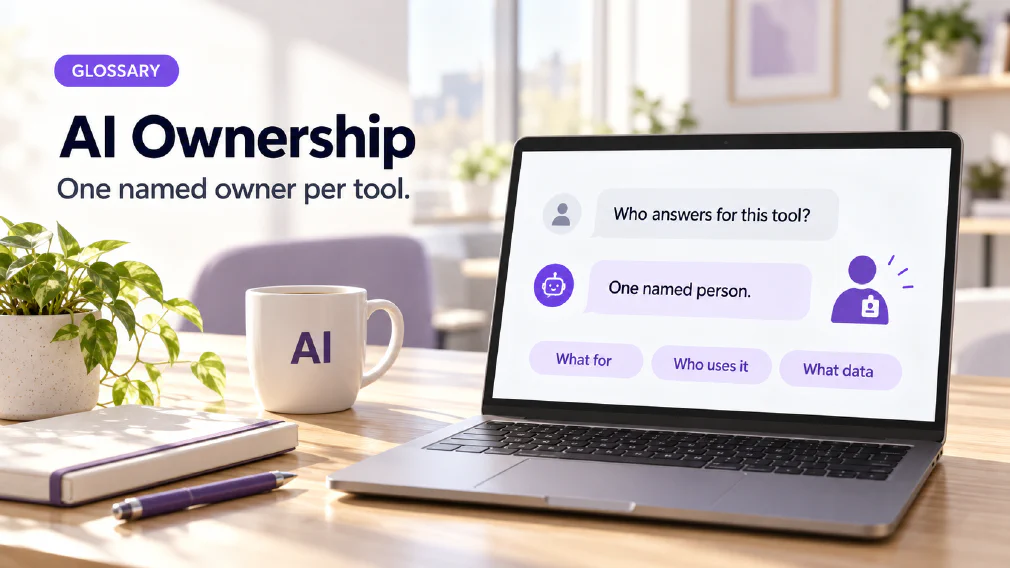 A laptop on a sunlit wooden office desk showing a chat interface where the question "Who answers for this tool?" is answered with "One named person." beside a violet person-with-badge icon and three violet chips reading What for, Who uses it and What data, next to a mug printed with AI, a plant, a notebook and a pen, under a GLOSSARY badge, the heading AI Ownership and the subtitle One named owner per tool.