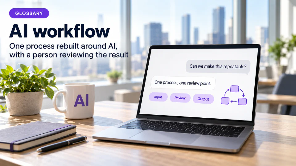 A laptop on a sunlit wooden office desk showing a chat interface where the request "Can we make this repeatable?" is answered with "One process, one review point." above three violet chips reading Input, Review and Output beside a small icon of three violet boxes joined by arrows, next to a mug printed with AI, a plant, a notebook and a pen, under a GLOSSARY badge, the heading AI workflow and the subtitle One process rebuilt around AI, with a person reviewing the result.