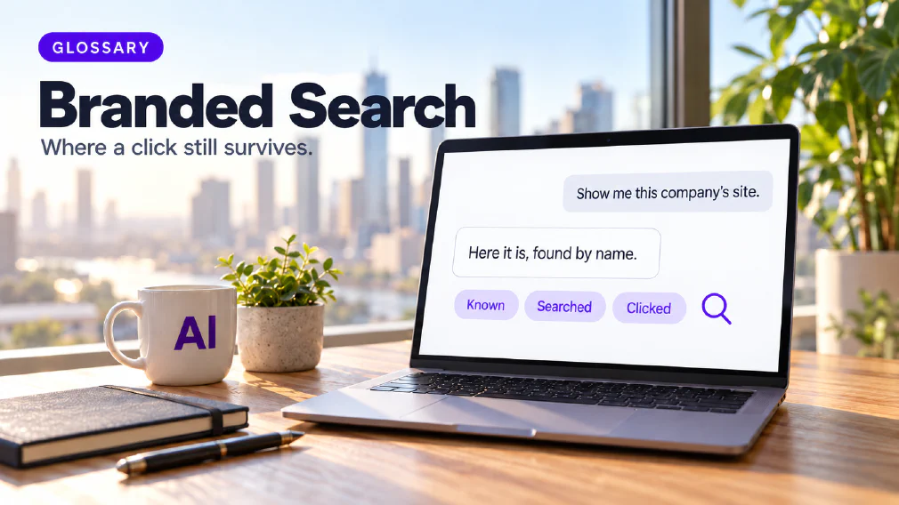 A laptop on a sunlit wooden office desk showing a chat interface where the request "Show me this company's site." is answered with "Here it is, found by name." above three violet chips reading Known, Searched and Clicked beside a violet magnifying glass, next to a mug printed with AI, a plant, a notebook and a pen, under a GLOSSARY badge, the heading Branded Search and the subtitle Where a click still survives.