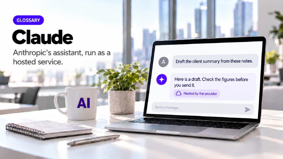 A laptop on an office desk showing a chat interface where the request "Draft the client summary from these notes." is answered with "Here is a draft. Check the figures before you send it." above a violet chip reading Hosted by the provider, beside a mug printed with AI, a notebook and a pen, under a GLOSSARY badge and the heading Claude