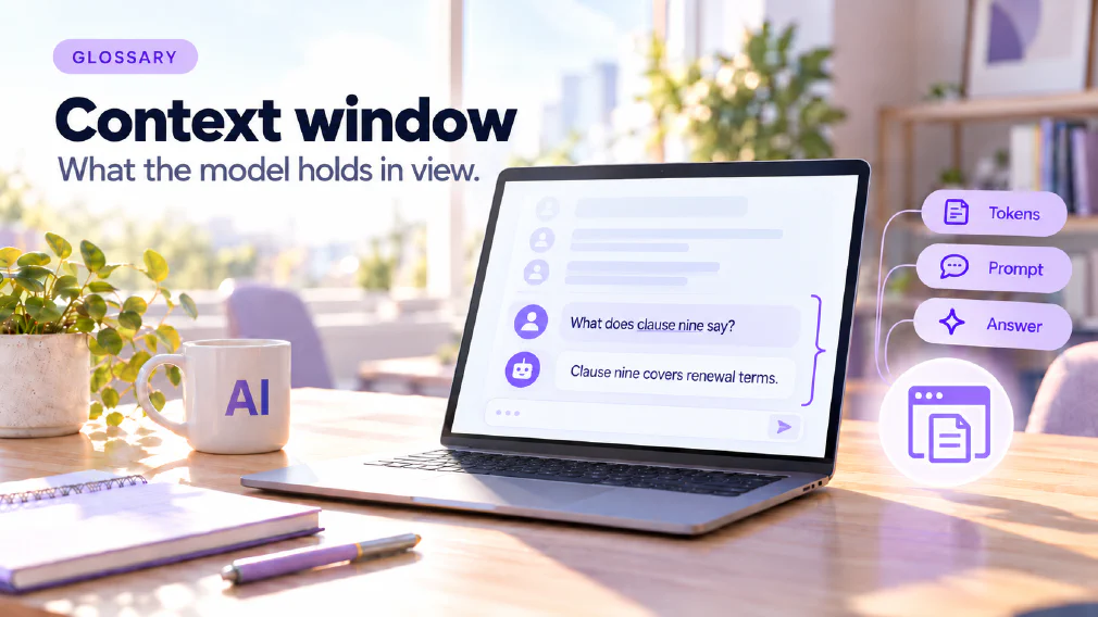 A laptop on a sunlit wooden office desk showing a long chat faded at the top, with the visible part framed by a violet bracket where the question "What does clause nine say?" is answered with "Clause nine covers renewal terms." beside a violet window-with-page icon and three violet chips reading Tokens, Prompt and Answer, next to a mug printed with AI, a plant, a notebook and a pen, under a GLOSSARY badge, the heading Context window and the subtitle What the model holds in view.