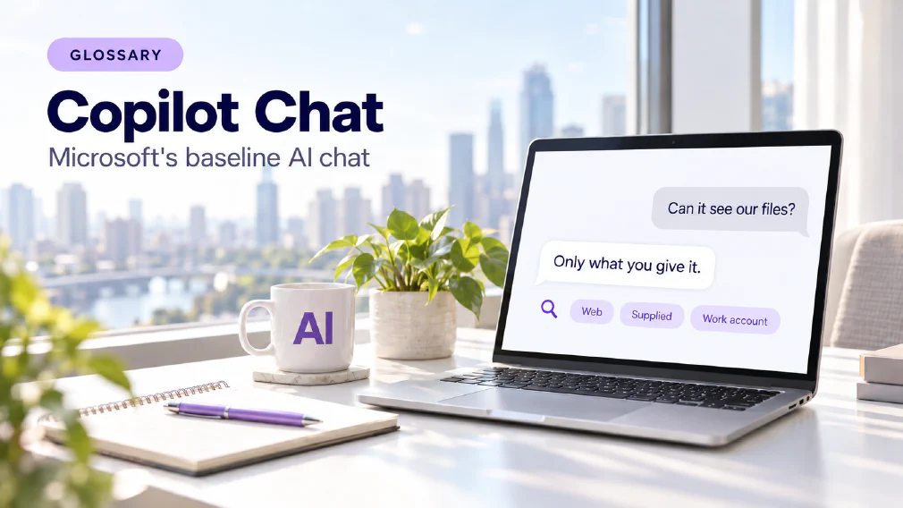 A laptop on a sunlit white office desk showing a chat interface where the question "Can it see our files?" is answered with "Only what you give it." above three violet chips reading Web, Supplied and Work account beside a violet magnifying glass icon, next to a mug printed with AI, a plant, a notebook and a pen, under a GLOSSARY badge, the heading Copilot Chat and the subtitle Microsoft's baseline AI chat.