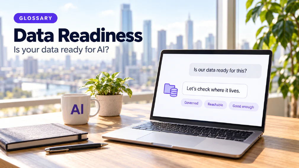 A laptop on a sunlit wooden office desk showing a chat interface where the request "Is our data ready for this?" is answered with "Let's check where it lives." beside a violet folder and database icon and three violet chips reading Governed, Reachable and Good enough, next to a mug printed with AI, a plant, a notebook and a pen, under a GLOSSARY badge, the heading Data Readiness and the subtitle Is your data ready for AI?