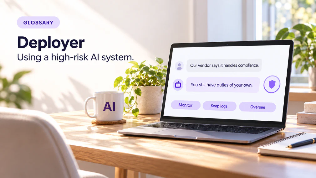 A laptop on a sunlit wooden office desk showing a chat interface where the statement "Our vendor says it handles compliance." is answered with "You still have duties of your own." beside a violet shield icon and three violet chips reading Monitor, Keep logs and Oversee, next to a mug printed with AI, a plant, a notebook and a pen, under a GLOSSARY badge, the heading Deployer and the subtitle Using a high-risk AI system.