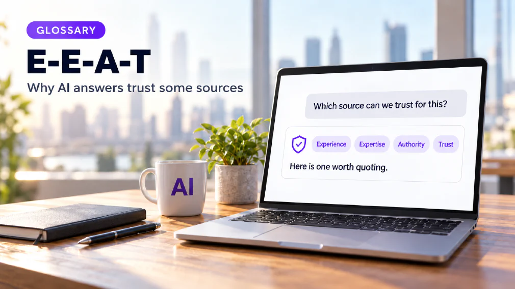 A laptop on a sunlit wooden office desk showing a chat interface where the request "Which source can we trust for this?" is answered with "Here is one worth quoting." beside a violet shield with a tick and four violet chips reading Experience, Expertise, Authority and Trust, next to a mug printed with AI, a plant, a notebook and a pen, under a GLOSSARY badge, the heading E-E-A-T and the subtitle Why AI answers trust some sources.