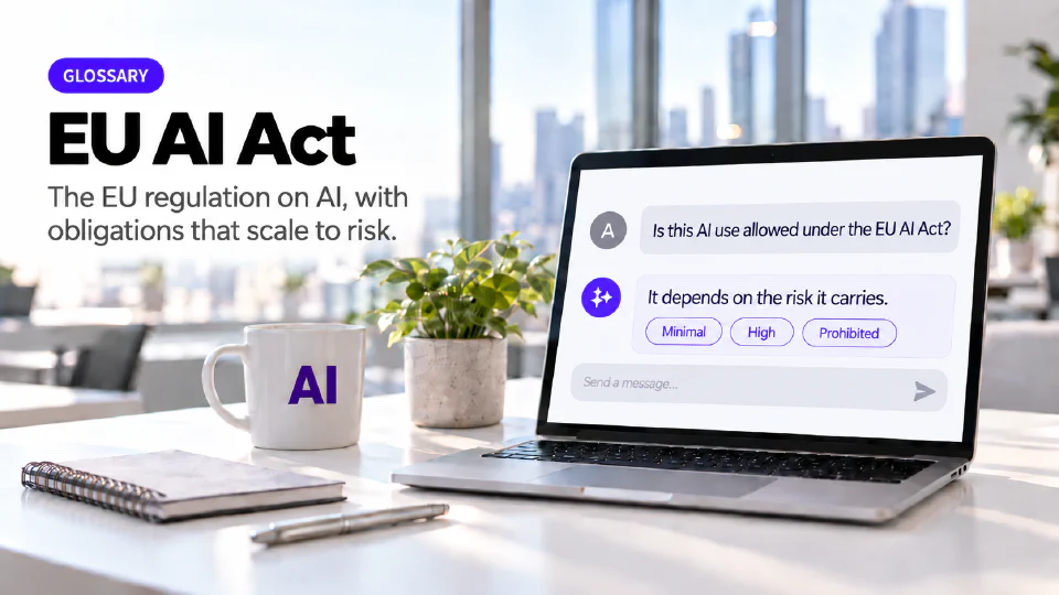 A laptop on a sunlit office desk showing a chat interface where the question "Is this AI use allowed under the EU AI Act?" is answered with "It depends on the risk it carries." above three violet chips reading Minimal, High and Prohibited, beside a mug printed with AI, a plant, a notebook and a pen, under a GLOSSARY badge, the heading EU AI Act and the subtitle The EU regulation on AI, with obligations that scale to risk.