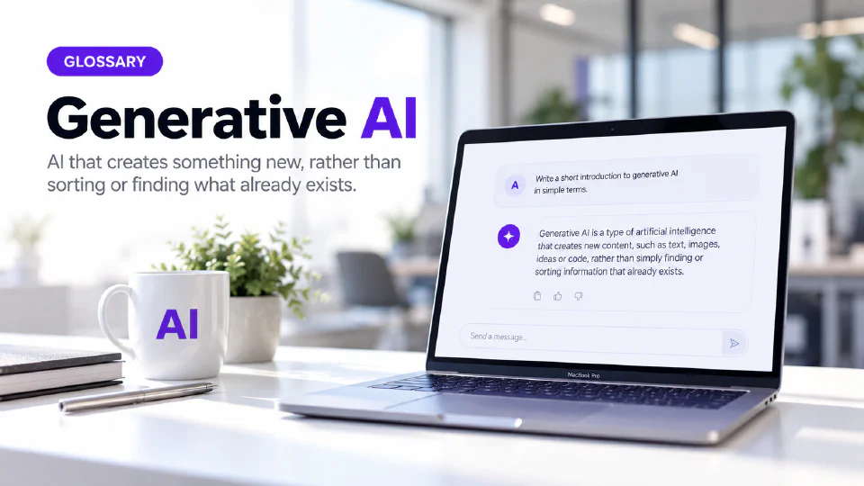 A laptop on an office desk showing a chat interface answering the prompt "Write a short introduction to generative AI in simple terms" with a generated definition of generative AI, beside a mug printed with AI, a notebook and a pen, under a GLOSSARY badge and the two-tone heading Generative AI