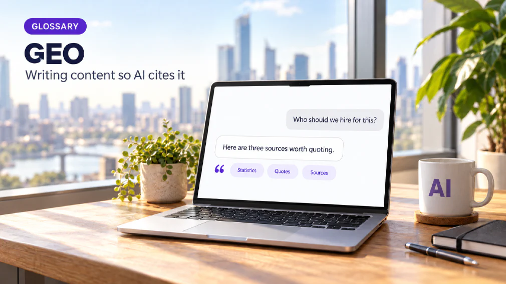 A laptop on a sunlit wooden office desk showing a chat interface where the request "Who should we hire for this?" is answered with "Here are three sources worth quoting." above three violet chips reading Statistics, Quotes and Sources beside a small violet quotation mark icon, next to a mug printed with AI, a plant, a notebook and a pen, under a GLOSSARY badge, the heading GEO and the subtitle Writing content so AI cites it.