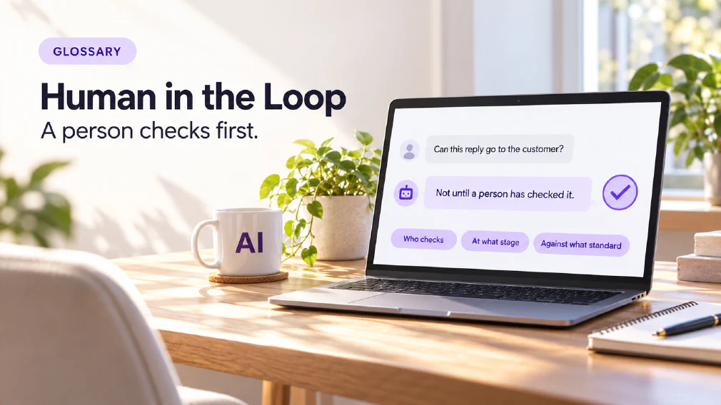 A laptop on a sunlit wooden office desk showing a chat interface where the question "Can this reply go to the customer?" is answered with "Not until a person has checked it." beside a violet checkmark icon and three violet chips reading Who checks, At what stage and Against what standard, next to a mug printed with AI, a plant, a notebook and a pen, under a GLOSSARY badge, the heading Human in the Loop and the subtitle A person checks first.