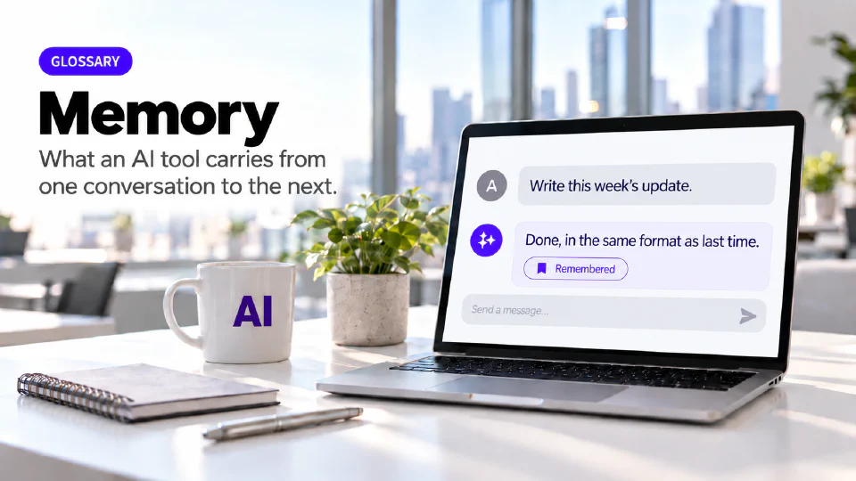 A laptop on a sunlit office desk showing a chat interface where the request "Write this week's update." is answered with "Done, in the same format as last time." above a violet chip reading Remembered, beside a mug printed with AI, a plant, a notebook and a pen, under a GLOSSARY badge, the heading Memory and the subtitle What an AI tool carries from one conversation to the next.