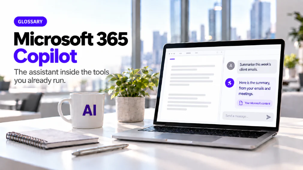 A laptop on an office desk showing a document window with an assistant pane where the request "Summarise this week's client emails." is answered with "Here is the summary, from your emails and meetings." above a violet chip reading Your Microsoft content, beside a mug printed with AI, a notebook and a pen, under a GLOSSARY badge and the two-tone heading Microsoft 365 Copilot