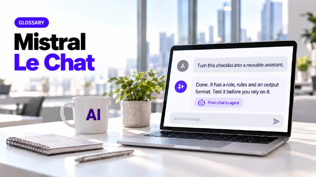 A laptop on an office desk showing a chat interface where the request "Turn this checklist into a reusable assistant." is answered with "Done. It has a role, rules and an output format. Test it before you rely on it." above a violet chip reading From chat to agent, beside a mug printed with AI, a plant, a notebook and a pen, under a GLOSSARY badge and the heading Mistral Le Chat