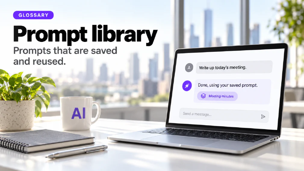 A laptop on a sunlit office desk showing a chat interface where the request "Write up today's meeting." is answered with "Done, using your saved prompt." above a violet chip reading Meeting minutes, beside a mug printed with AI, a plant, a notebook and a pen, under a GLOSSARY badge, the heading Prompt library and the subtitle Prompts that are saved and reused.