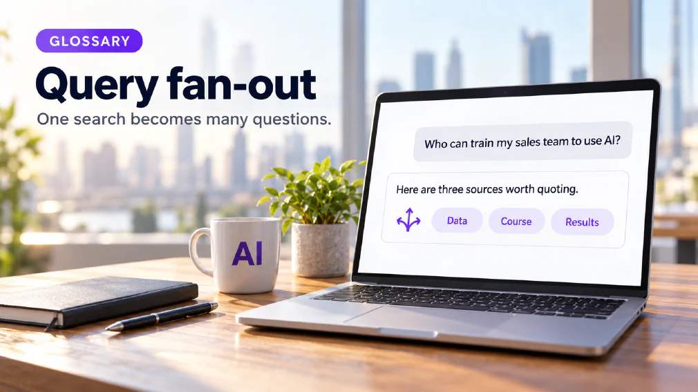 A laptop on a sunlit wooden office desk showing a chat interface where the request "Who can train my sales team to use AI?" is answered with "Here are three sources worth quoting." above a small violet branching arrows icon and three violet chips reading Data, Course and Results, next to a mug printed with AI, a plant, a notebook and a pen, under a GLOSSARY badge, the heading Query fan-out and the subtitle One search becomes many questions.