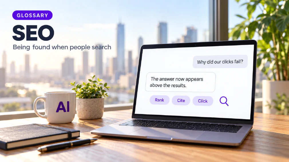 A laptop on a sunlit wooden office desk showing a chat interface where the request "Why did our clicks fall?" is answered with "The answer now appears above the results." above three violet chips reading Rank, Cite and Click beside a small violet magnifying glass icon, next to a mug printed with AI, a plant, a notebook and a pen, under a GLOSSARY badge, the heading SEO and the subtitle Being found when people search.