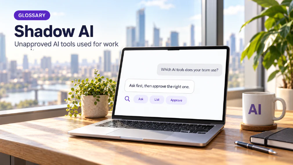 A laptop on a sunlit wooden office desk showing a chat interface where the request "Which AI tools does your team use?" is answered with "Ask first, then approve the right one." above three violet chips reading Ask, List and Approve beside a small violet magnifying glass icon, next to a mug printed with AI, a plant, a notebook and a pen, under a GLOSSARY badge, the heading Shadow AI and the subtitle Unapproved AI tools used for work.